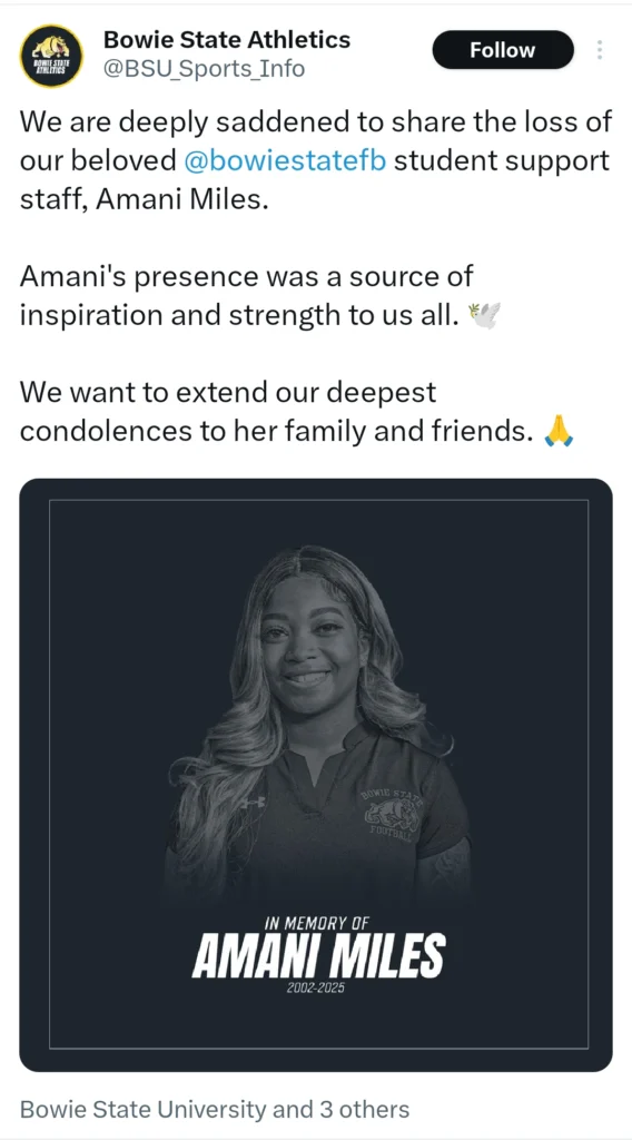 Bowie State Athletics' tweet confirming Amani Miles' passing